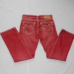 NWT TRUE RELIGION Ricky Relaxed Straight Flaps IRREGULAR RED Velour Jeans 32x33